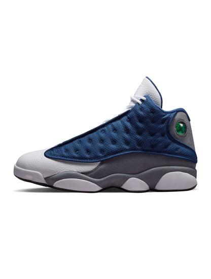 Men's Air Jordan 13 Retro Flint sneakers in grey and white leather and suede, featuring a sleek basketball shoe design.