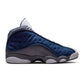 Men's Air Jordan 13 Retro Flint basketball shoes in blue and grey leather with white accents, showcasing the iconic design.