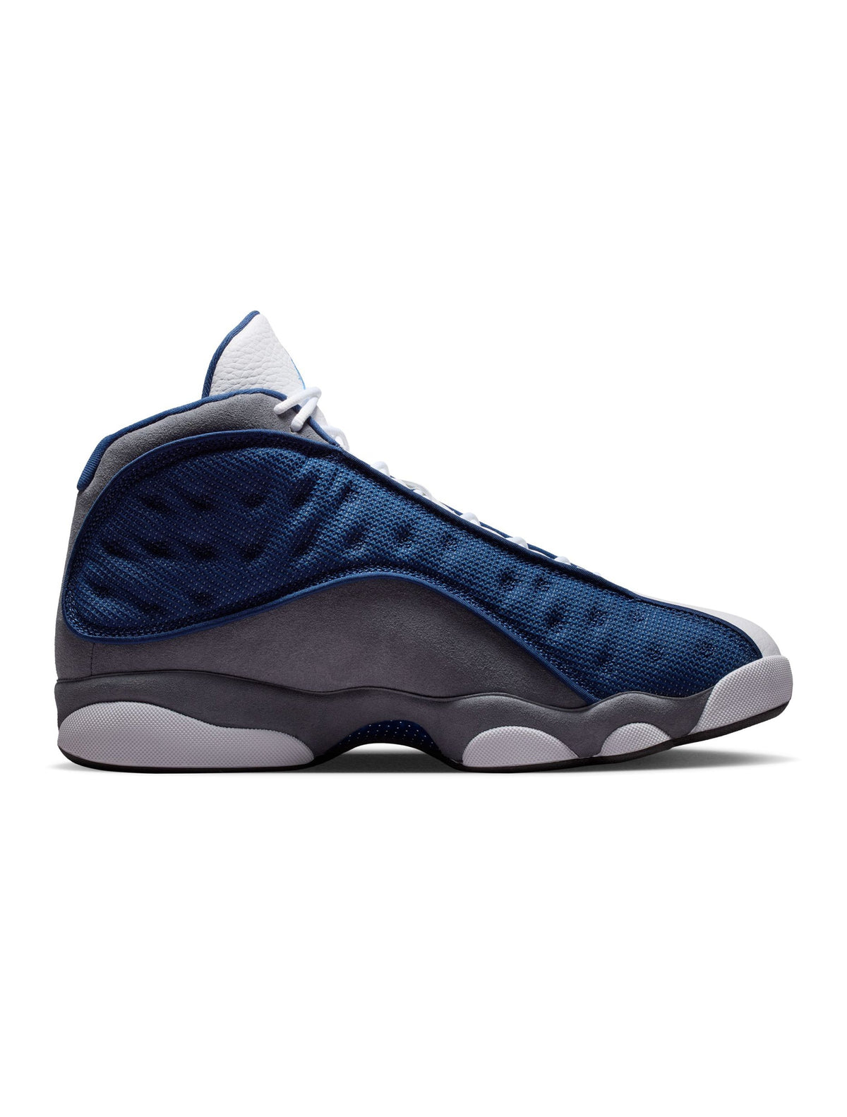 Men's Air Jordan 13 Retro Flint basketball shoes in blue and grey leather with white accents, showcasing the iconic design.