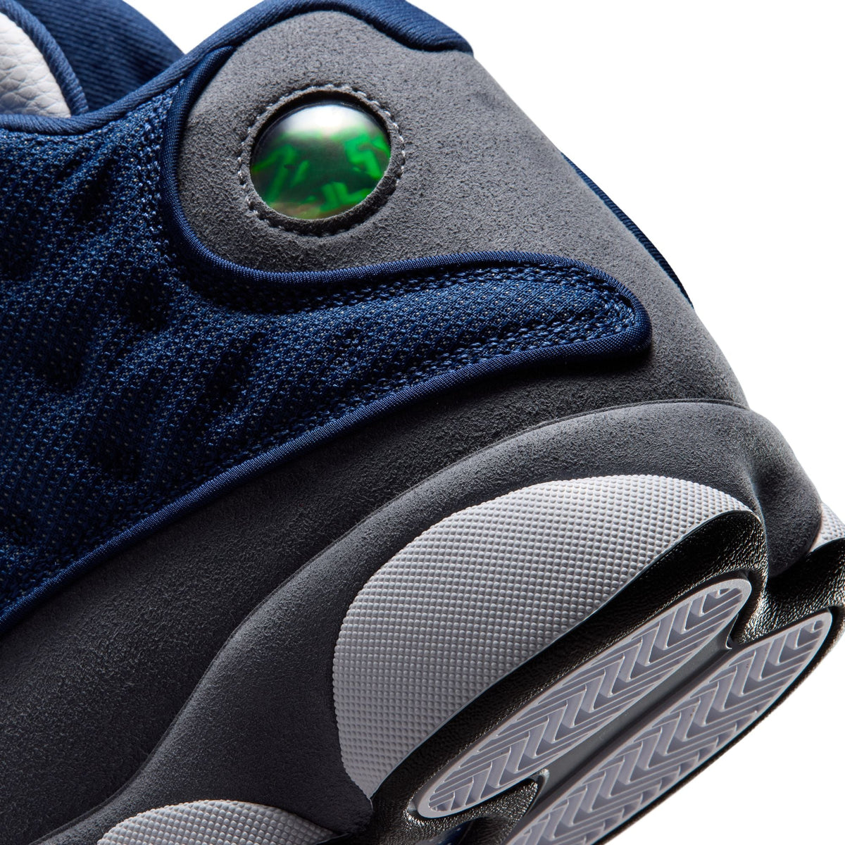 Men's Air Jordan 13 Retro Flint sneakers in grey and blue tones, showcasing the iconic design and textured suede upper.
