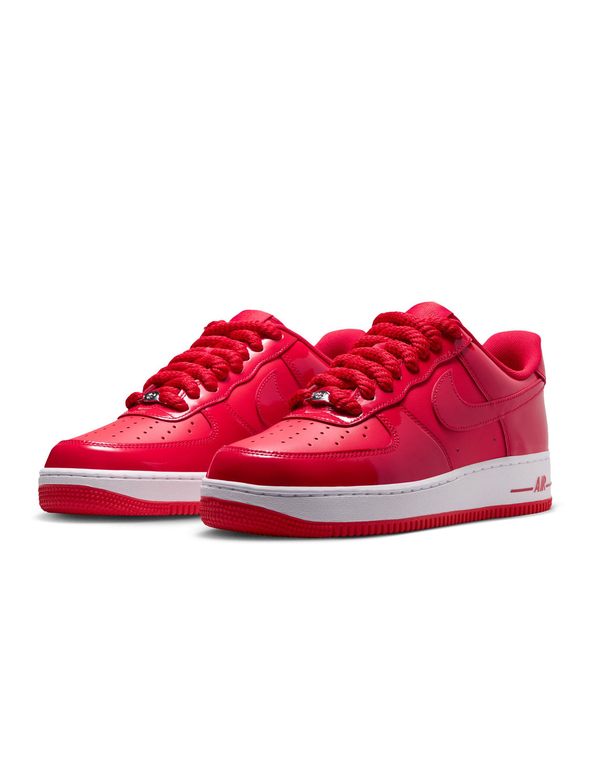 Nike Air Force 1 '07 LV8 Patent men's footwear in University Red, featuring shiny patent leather and classic sneaker design.