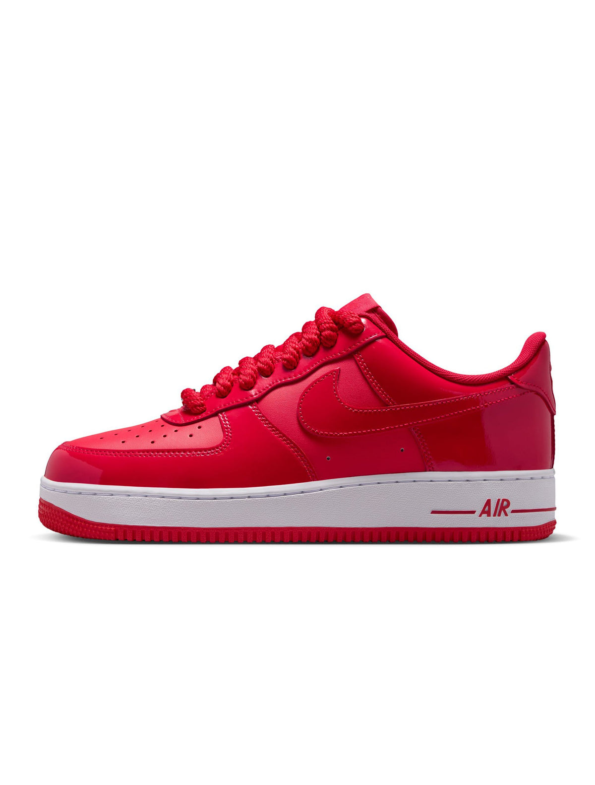 Nike mens Air Force 1 '07 LV8 Patent sneakers in University Red, featuring glossy patent leather and classic design.