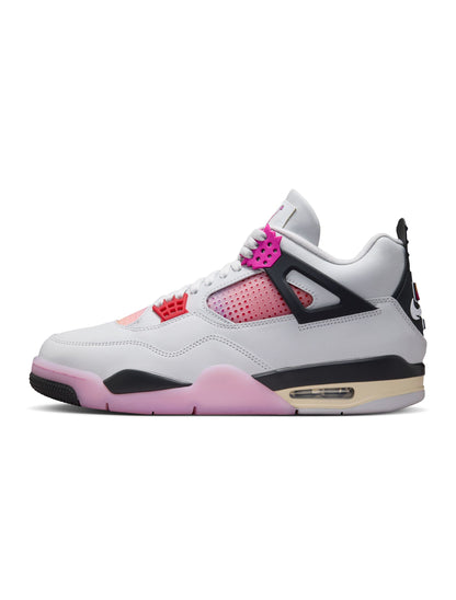 Men's Air Jordan 4 Retro Comic sneakers in white and red, featuring classic design details and Nike branding.