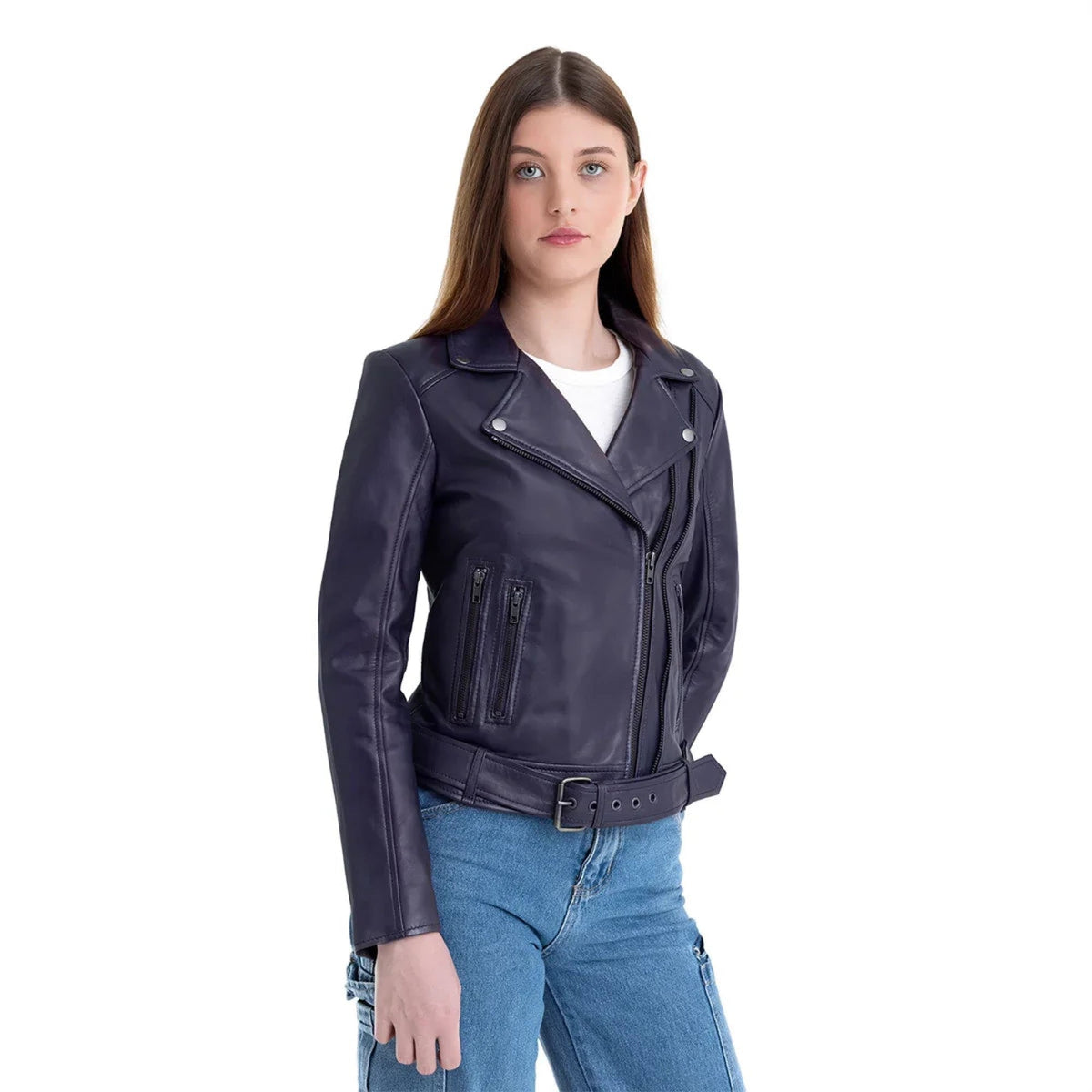 Whet Blu NYC Adeline women's violet lambskin asymmetrical leather jacket, front view