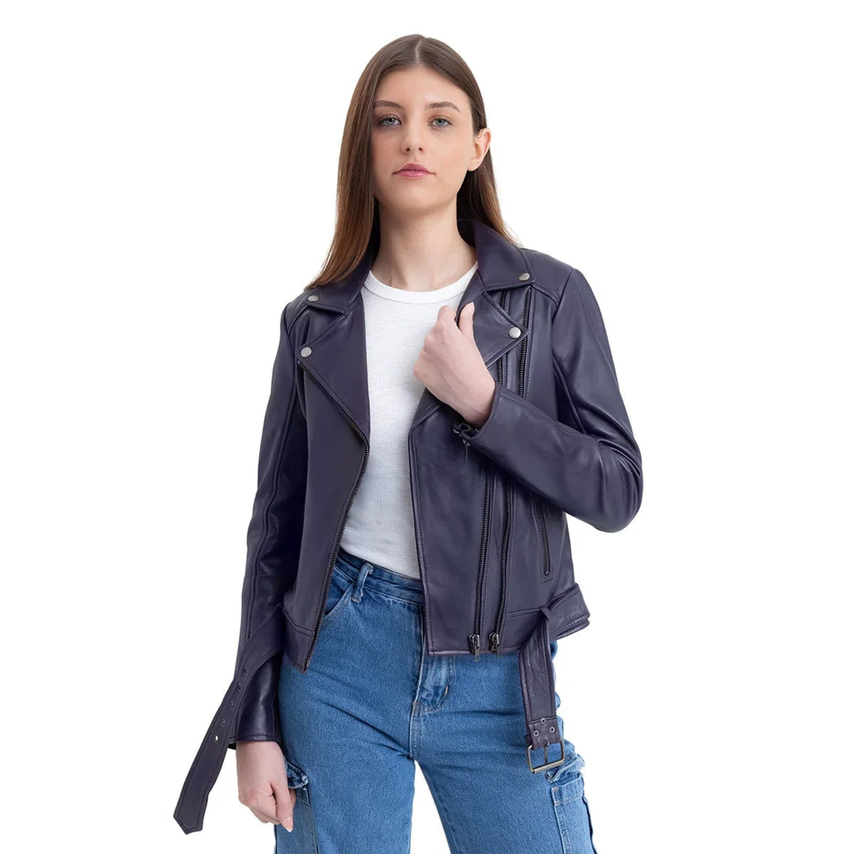 Whet Blu NYC Adeline women's violet lambskin asymmetrical leather jacket, open front view