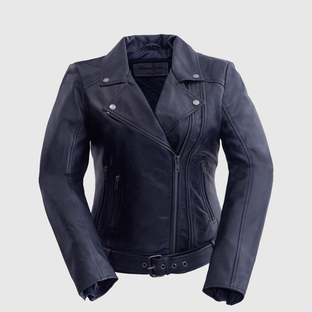 Whet Blu NYC Adeline women's violet lambskin asymmetrical leather jacket front view