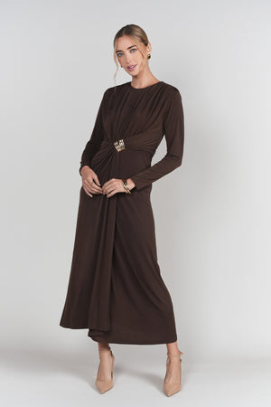 Brown draped front dress by Adina Las Vegas featuring elegant fabric and stylish design.