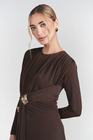 Brown draped front dress by Adina Las Vegas, featuring a stylish front design and elegant silhouette.