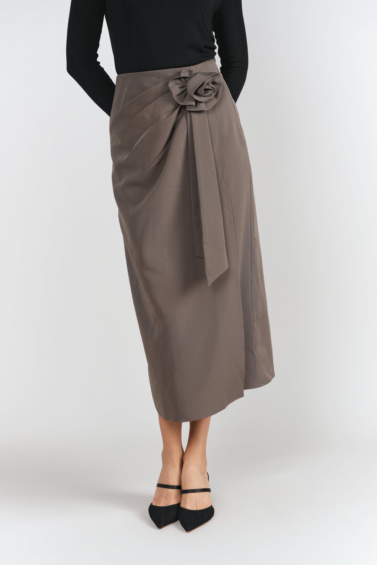Mink-colored Rosette Midi Skirt by Adina Las Vegas featuring a flowy, elegant design and floral rosette details.