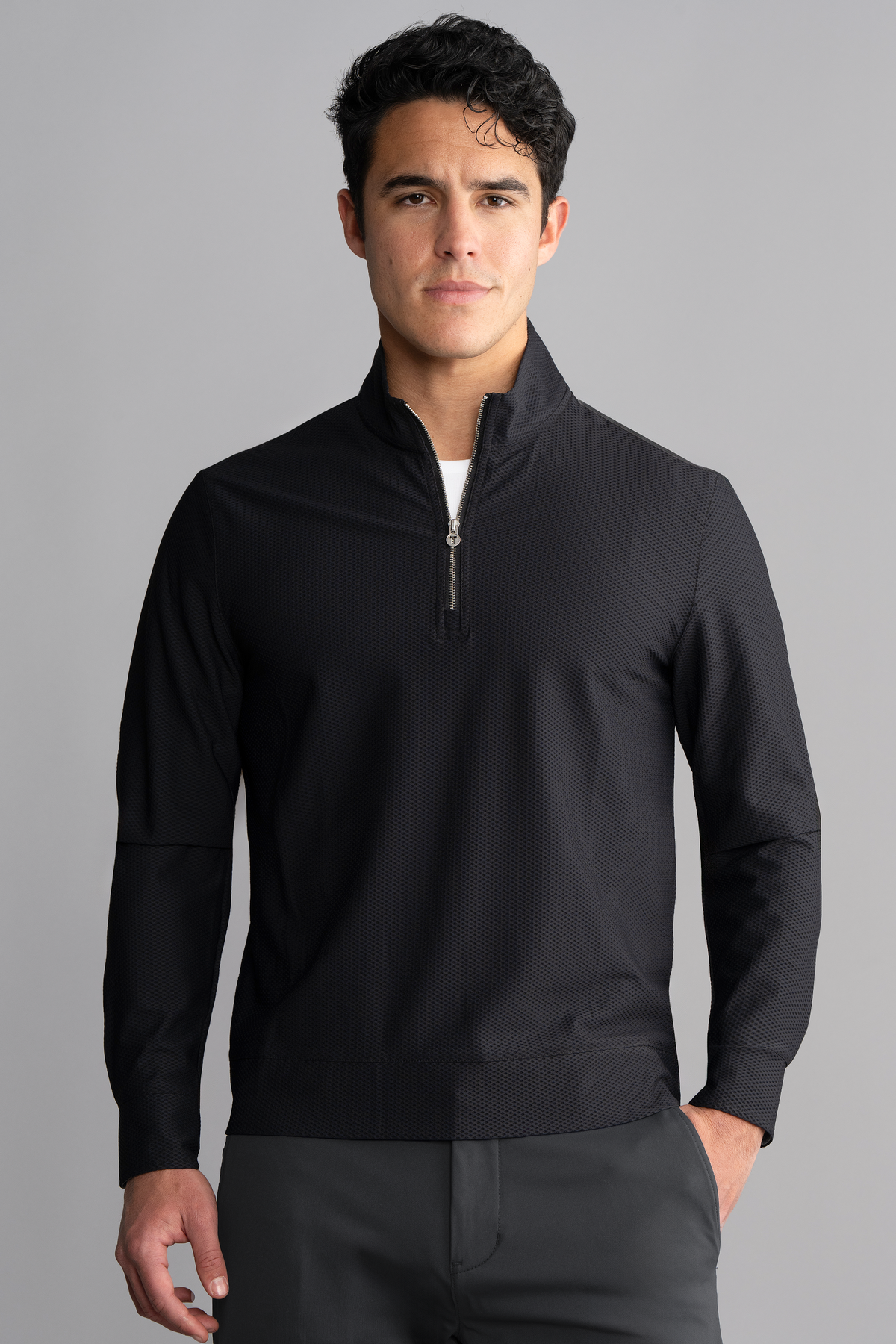 Black Twillory Air Quarter Zip shirt front view, lightweight men's quarter zip sweater with a sleek design.