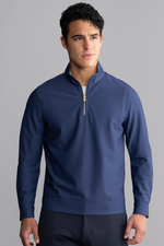 Blue Twillory Air Quarter Zip shirt, front view showing lightweight fabric and quarter-length zipper design.