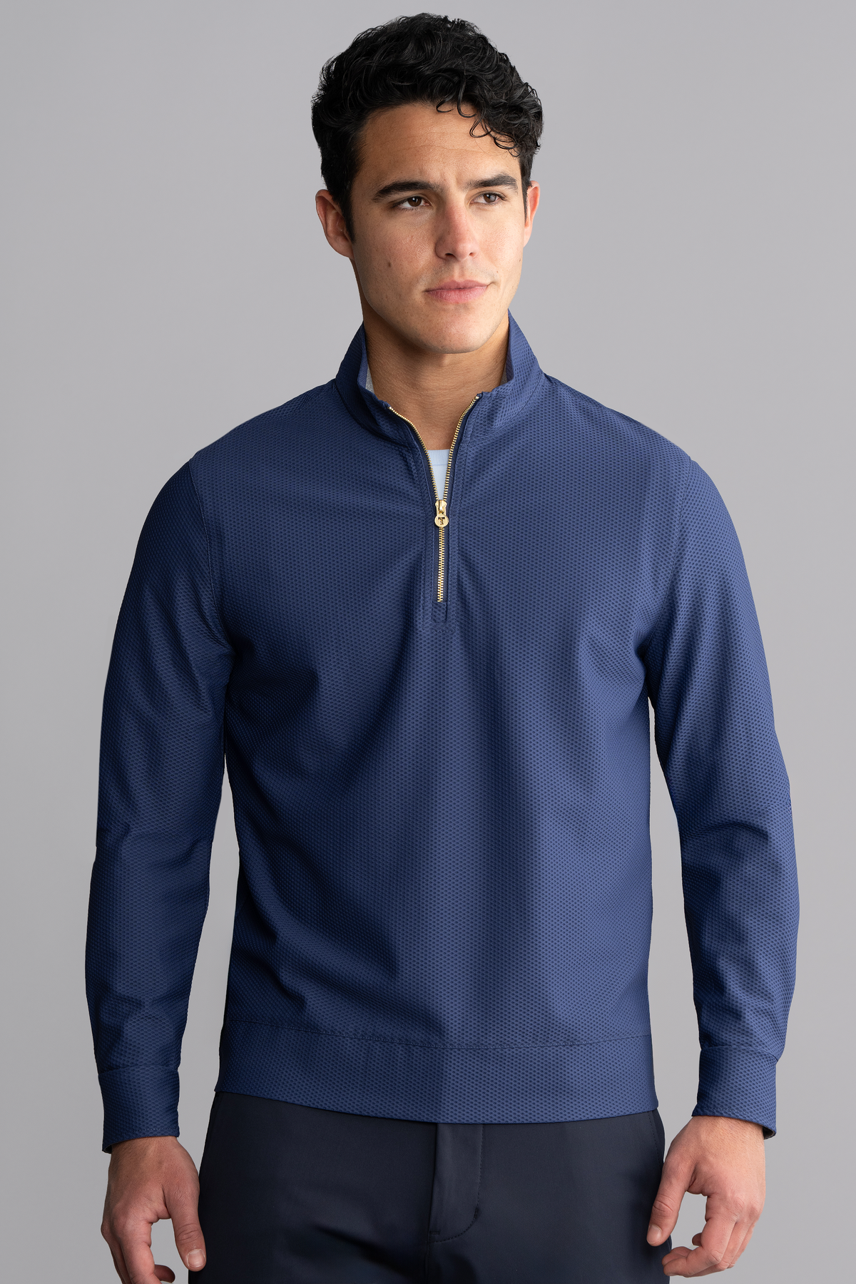 Blue Twillory Air Quarter Zip shirt, front view showing lightweight fabric and quarter-length zipper design.