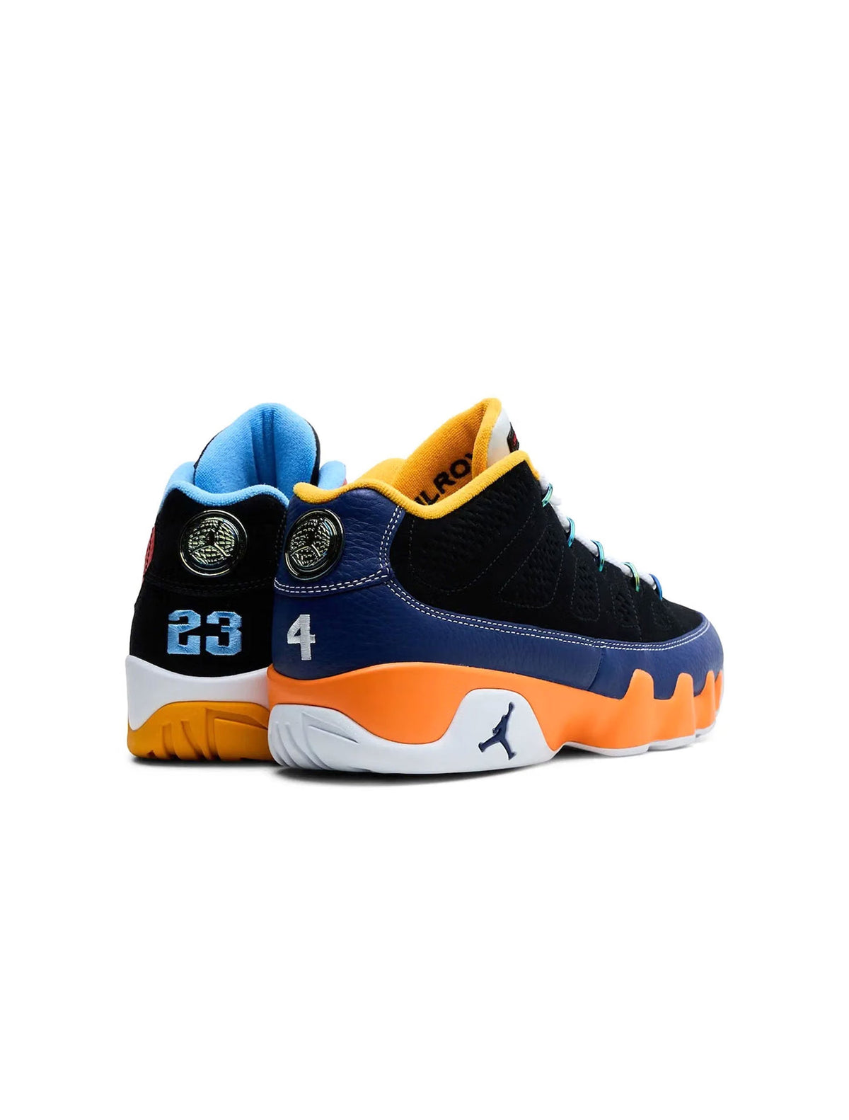 Air Jordan Men's 9 Retro Low What the Kilroy sneakers by Denim Exchange, black and multicolor design
