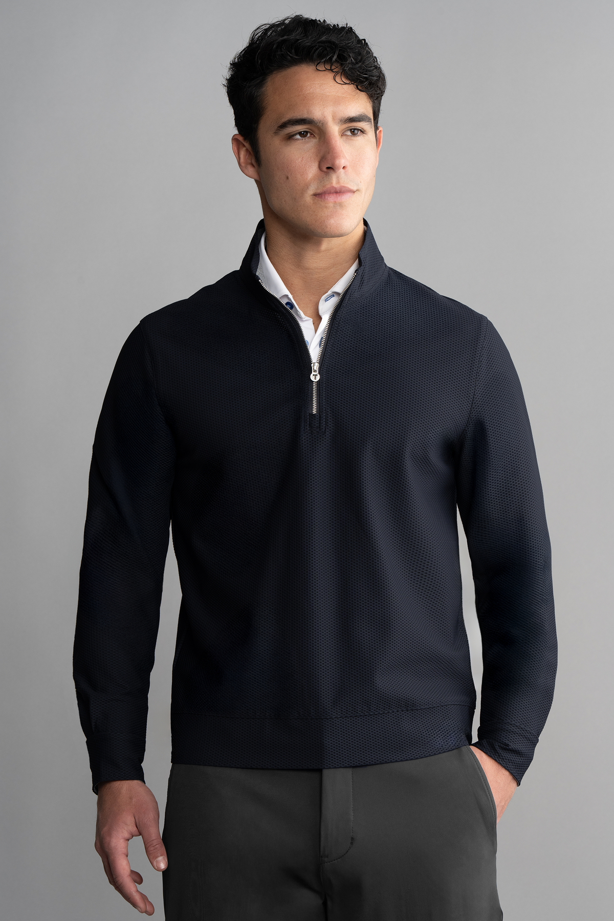 Navy Twillory Air Quarter Zip shirt with front view, showcasing the lightweight fabric and quarter-zip collar.