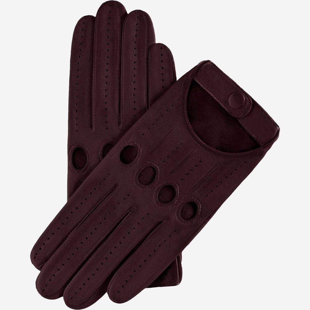 Alessa oxblood leather driving gloves with classic Italian lambskin leather, featuring detailed stitching and a snug fit.