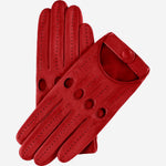 Red Alessa classic Italian lambskin leather driving gloves with detailed stitching and a snug fit, from Leather Gloves Online.