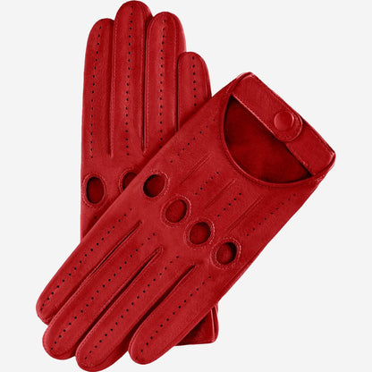Red Alessa classic Italian lambskin leather driving gloves with detailed stitching and a snug fit, from Leather Gloves Online.