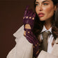 Alessa berry leather driving gloves with classic Italian lambskin finish, featuring detailed stitching and a snug fit.