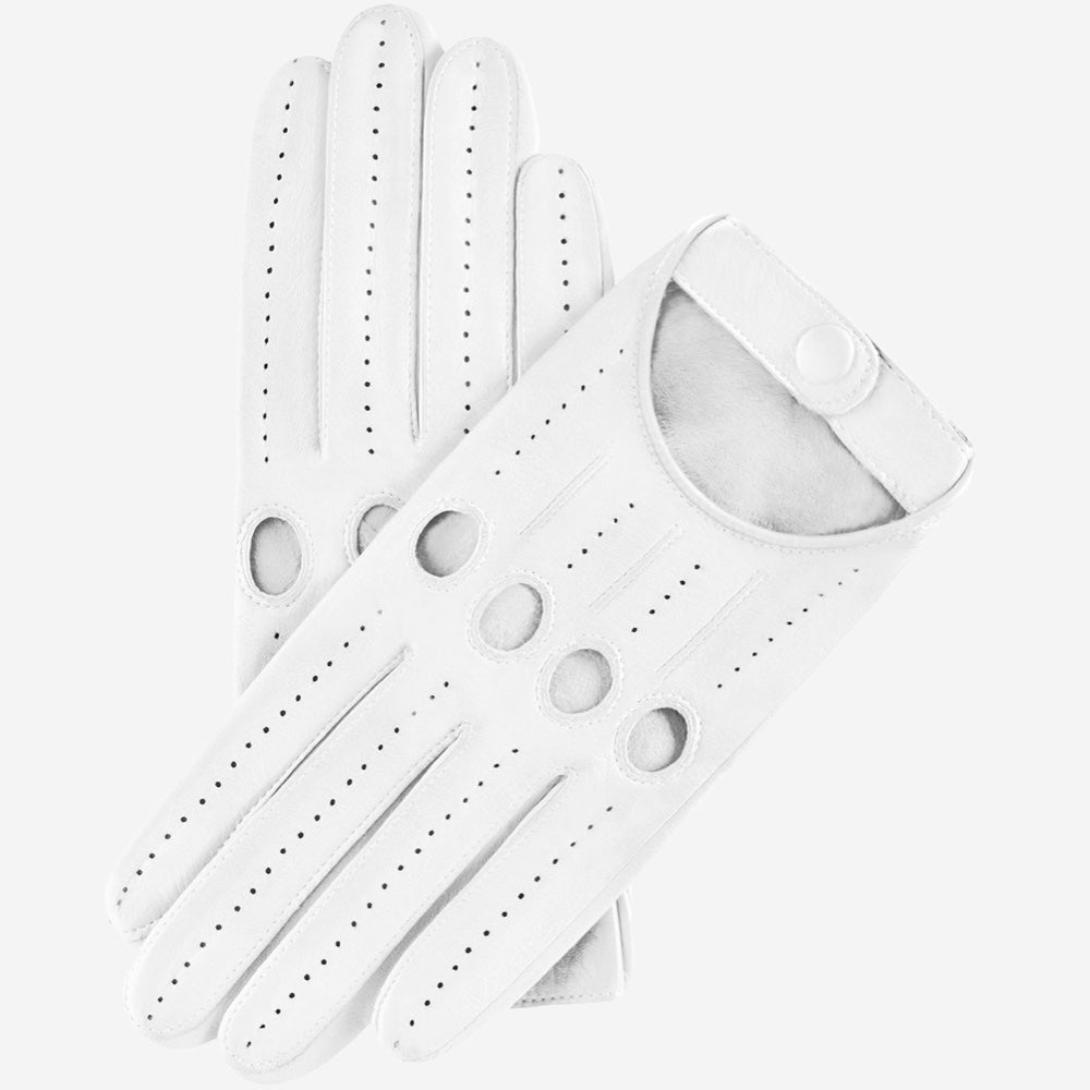White Alessa Italian lambskin leather driving gloves with classic design, featuring smooth, soft leather and elegant stitching.
