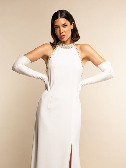Angelina (white) - Italian silk lined 16-button length leather bridal / opera gloves