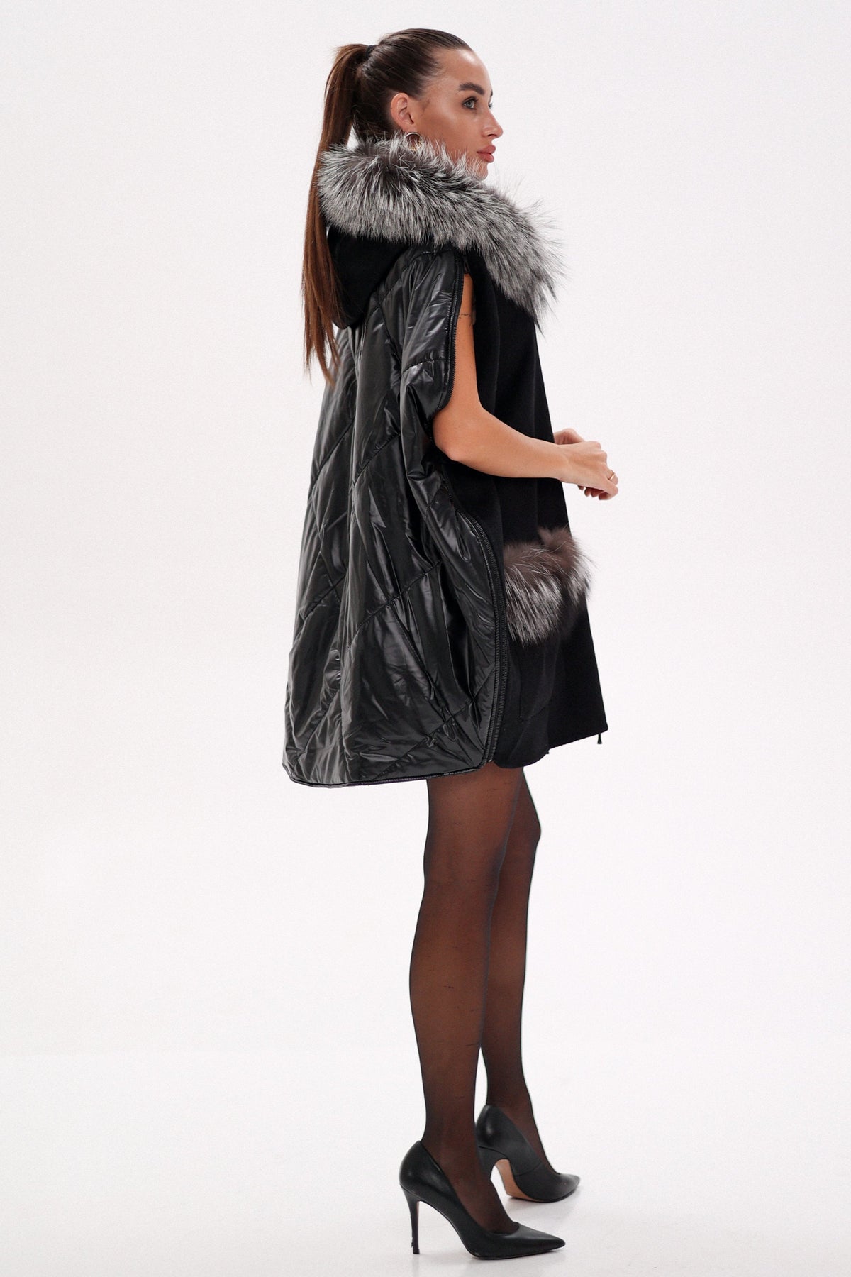 Alaska Outerwear Company black Saga Furs silver fox wool cashmere poncho vest coat