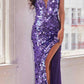 Cinderella Divine B1141 Floor Length Sexy V-Neck Paillette Fitted Gown Side Slit