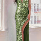 Cinderella Divine B1141 Floor Length Sexy V-Neck Paillette Fitted Gown Side Slit