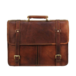 Brown leather Chicago Messenger bag by Classy Leather Bags, featuring adjustable shoulder strap and multiple compartments.