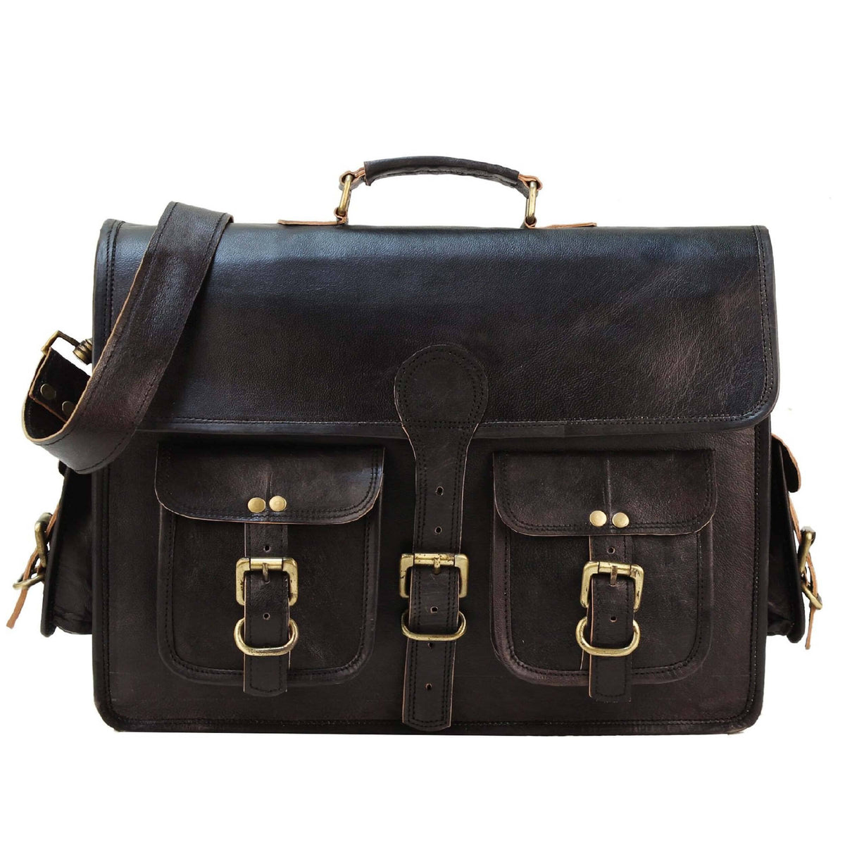 Vintage black messenger bag by Classy Leather Bags with adjustable strap and classic leather finish.