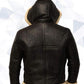 B3 Black Bomber Real Shearling Leather Jacket Removable Hooded