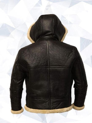 B3 Black Bomber Real Shearling Leather Jacket Removable Hooded