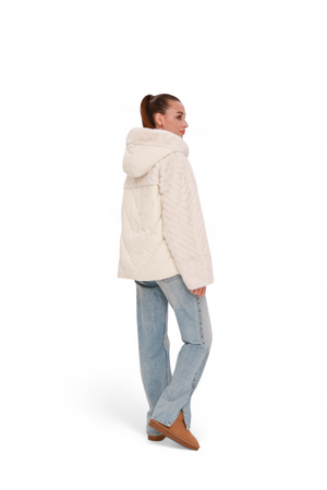 Alaska® Montana Eco-Fur Down Fill Coat in ivory, showcasing a warm, padded winter coat with eco-friendly fur trim and quilted design.