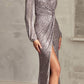 Ladivine B8422 Long Sleeve V-Neckline Leg Slit Sequin Gown