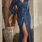 Ladivine B8422 Long Sleeve V-Neckline Leg Slit Sequin Gown