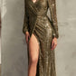 Ladivine B8422 Long Sleeve V-Neckline Leg Slit Sequin Gown