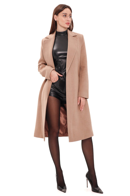 Geneva Classic Wraparound Wool Blend Overcoat in Camel