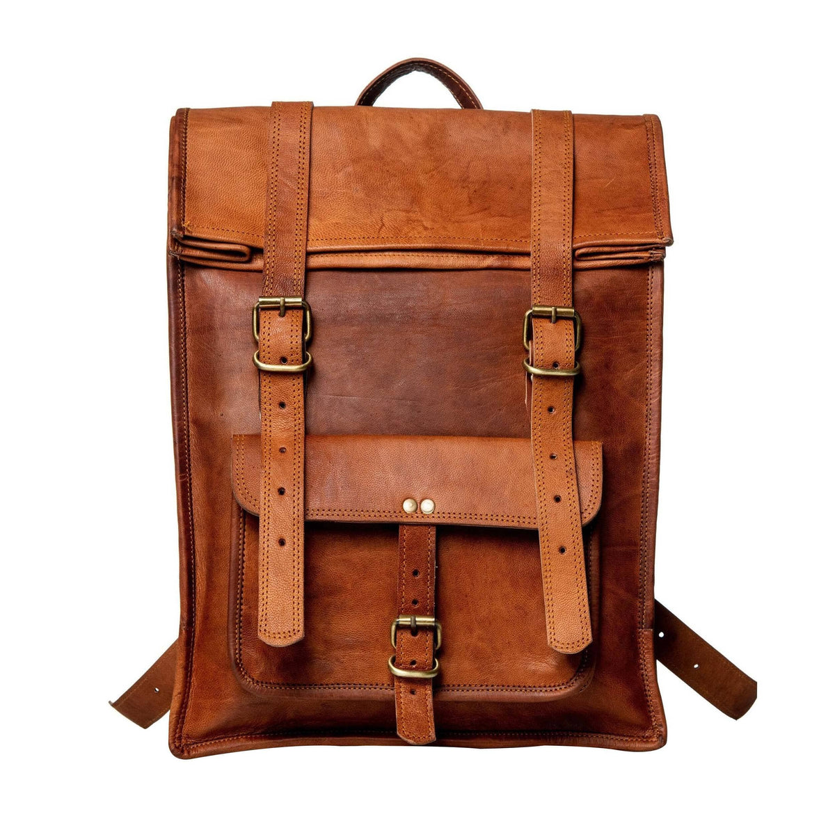 Classy Leather Bags Hoffman Roll Top Backpack showing durable leather exterior and adjustable shoulder straps.
