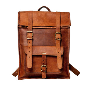 Classy Leather Bags Hoffman Roll Top Backpack showing durable leather exterior and adjustable shoulder straps.
