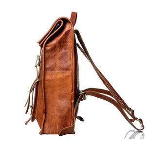 Classy Leather Bags Hoffman Roll Top Backpack with adjustable straps and multiple compartments, made of durable leather.
