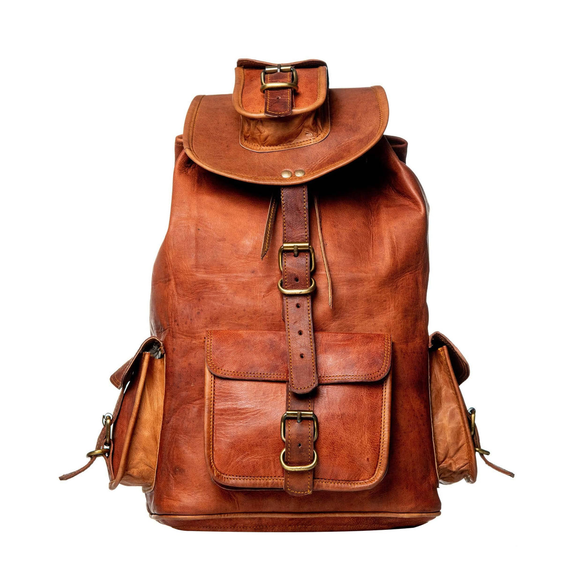 Alvarado tanned leather backpack by Classy Leather Bags featuring multiple compartments and adjustable straps.