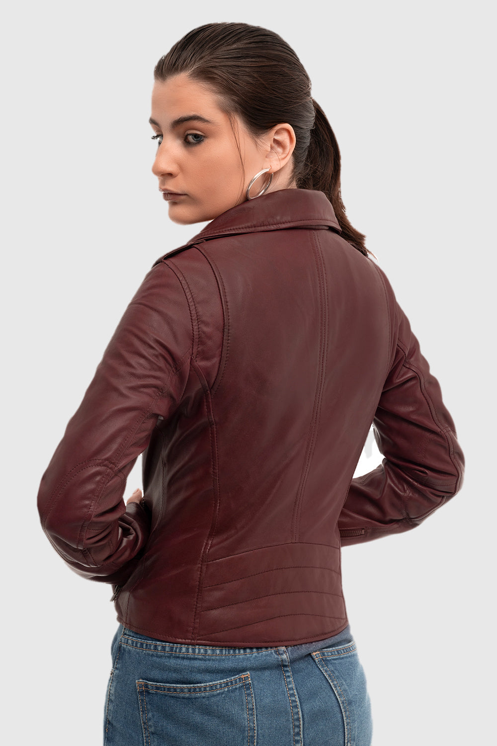 Whet Blu NYC Harper women's lambskin leather moto jacket, back view