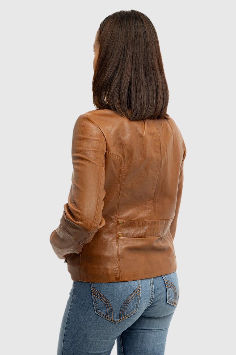 Back view of Whet Blu NYC Rexie women's dark cognac fashion leather jacket