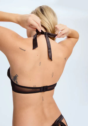 Lavinia blush black satin and sheer open cup halter strap bra with elegant design and delicate detailing.