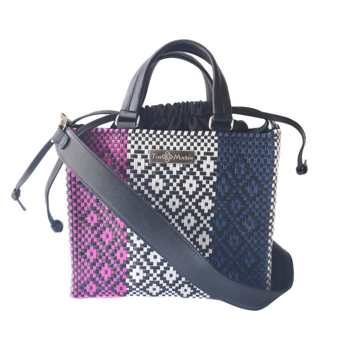Bloom medium woven crossbody bag with drawstring closure, stylish and lightweight from Tin Marin Brand.