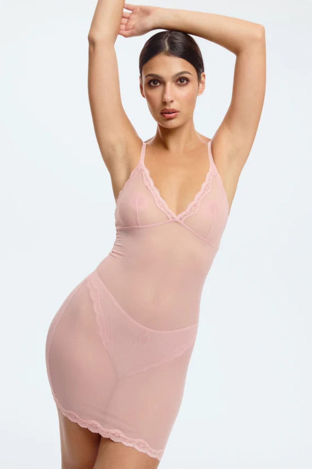 Blush Lotus Rosewater Sheer Mesh Lace Trim Slip Dress-0