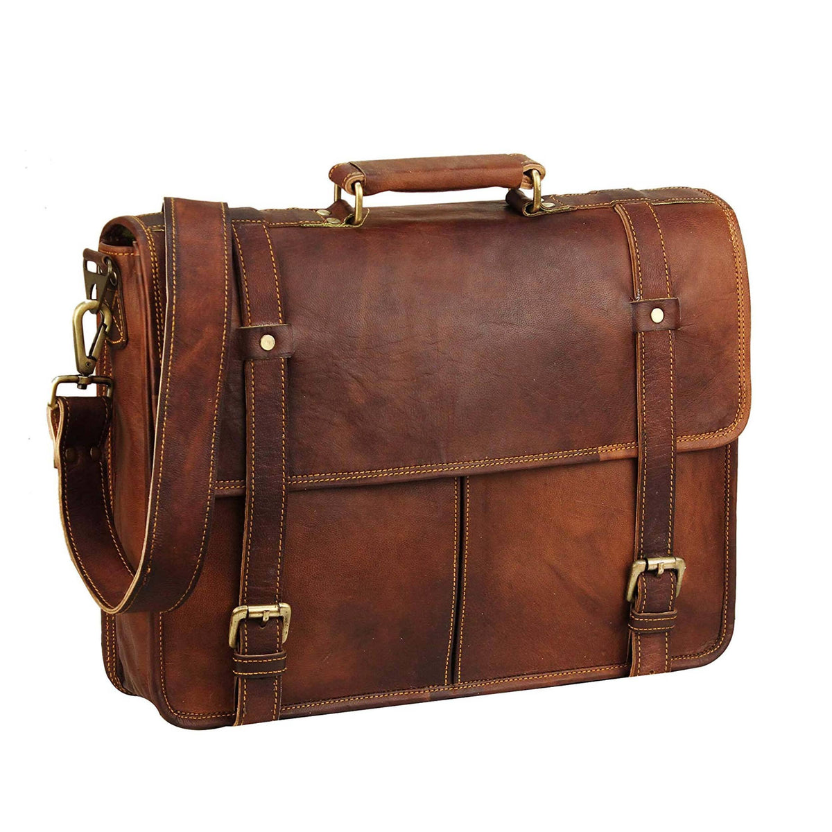 Brown leather Chicago Messenger Bag by Classy Leather Bags with adjustable strap and multiple compartments.