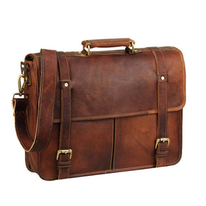 Brown leather Chicago Messenger Bag by Classy Leather Bags with adjustable strap and multiple compartments.
