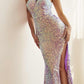 Cinderella Divine C140 Long One Shoulder Fitted Sequin Gown with Slit