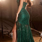 Ladivine C155 Long Glitter Floral Print Motif Sheer Bodice Fitted Gown