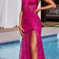 Ladivine C155 Long Glitter Floral Print Motif Sheer Bodice Fitted Gown